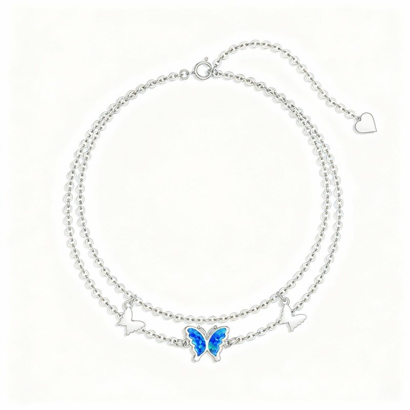 10K White Gold Opal Butterfly Multi-layered Charm Anklet-8