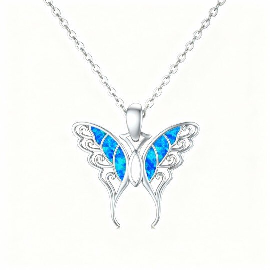 10K White Gold Opal Butterfly Pendant Necklace