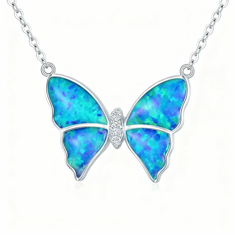 10K White Gold Cubic Zirconia & Opal Butterfly Pendant Necklace-8
