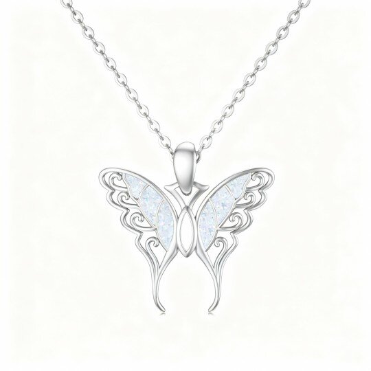 Colar com pendente de borboleta em ouro branco 10K e opala