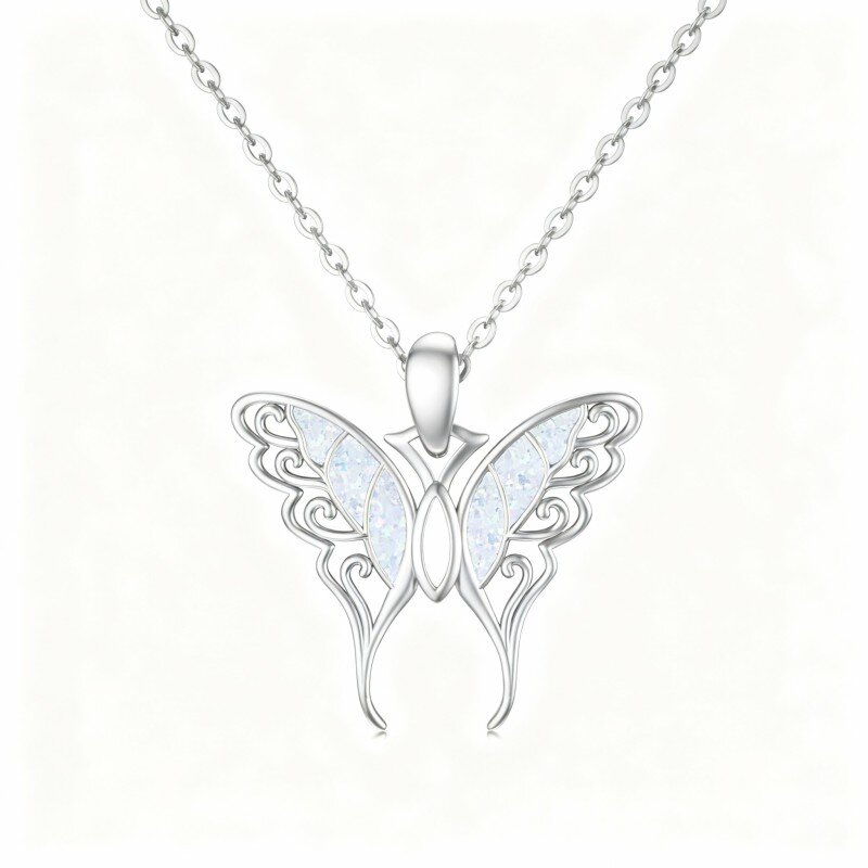 Colar com pendente de borboleta em ouro branco 10K e opala-11
