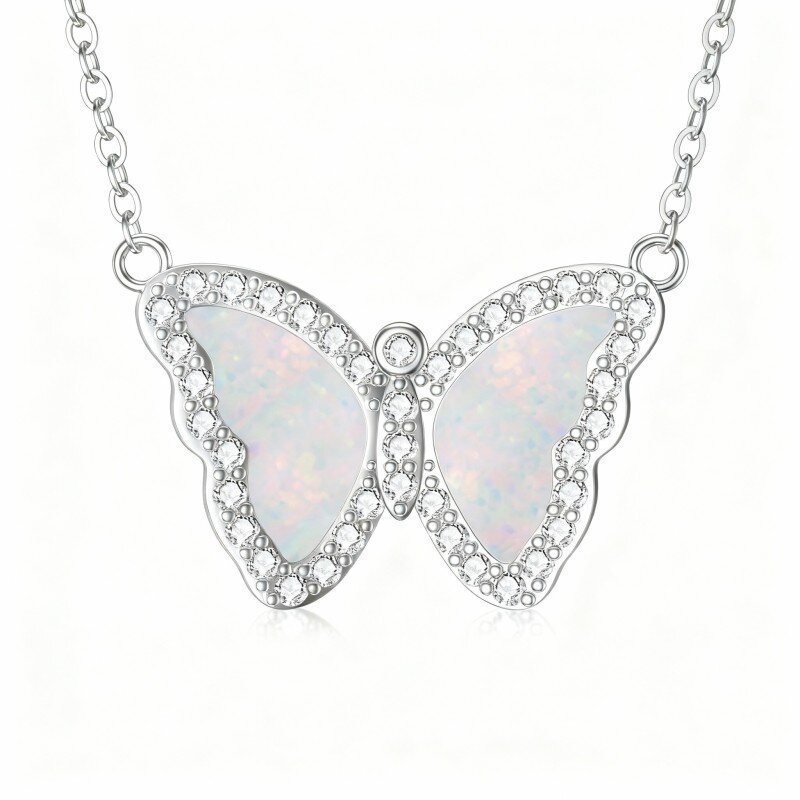 10K White Gold Opal Butterfly Pendant Necklace-8