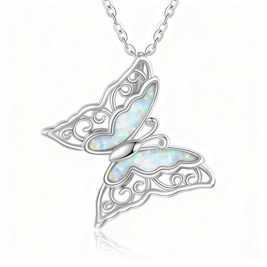 10K White Gold Opal Butterfly Pendant Necklace