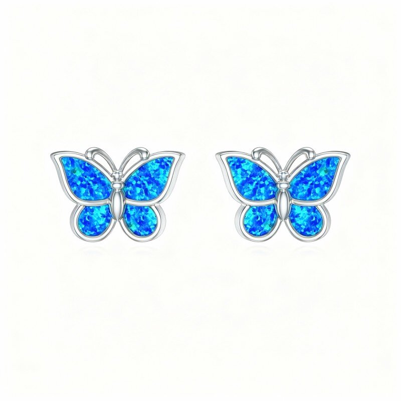 14K White Gold Opal Butterfly Stud Earrings-1