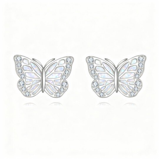 10K White Gold Cubic Zirconia & Opal Butterfly Stud Earrings