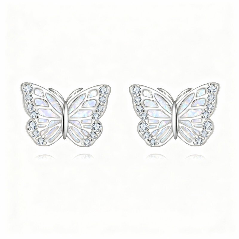 10K White Gold Cubic Zirconia & Opal Butterfly Stud Earrings-1