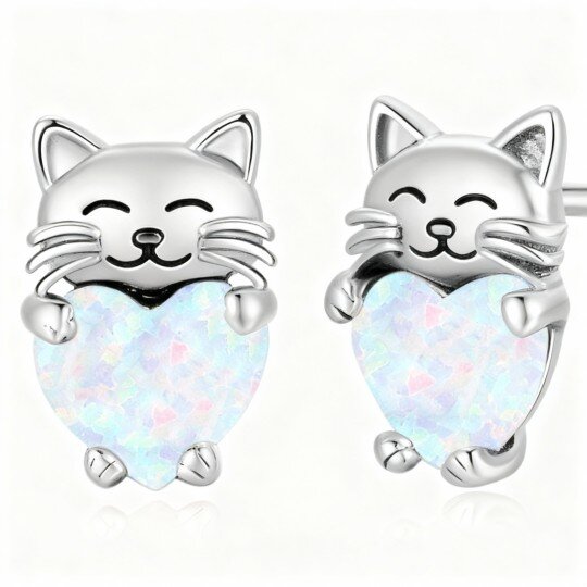 9K White Gold Opal Cat Stud Earrings