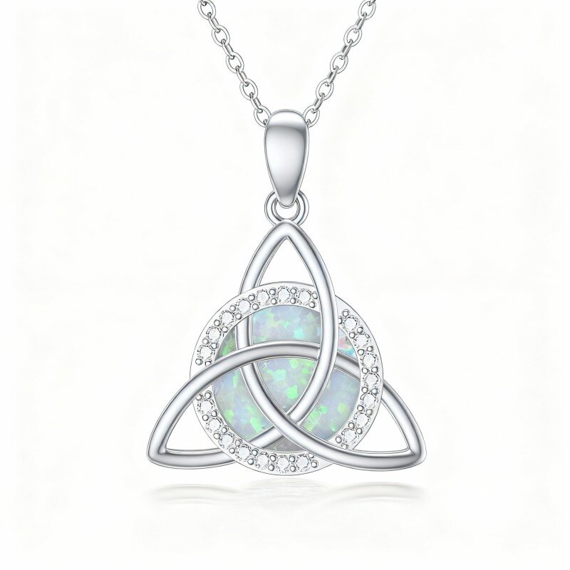 10K White Gold Cubic Zirconia & Opal Celtic Knot Pendant Necklace-10