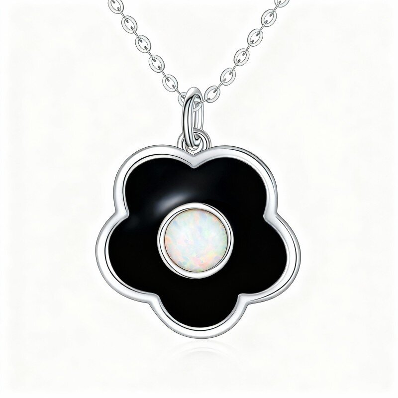 10K White Gold Opal Cherry Blossom Pendant Necklace-3