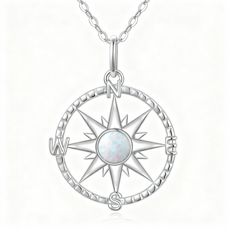 قلادة من الذهب الأبيض عيار 9 قيراط مرصعة ببوصلة وشمس من الأوبال-16