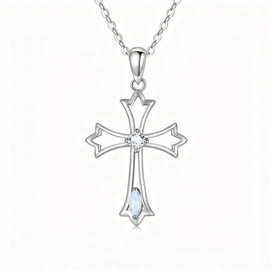 Colar com pendente de cruz em ouro branco 10K com zircónias cúbicas e opala