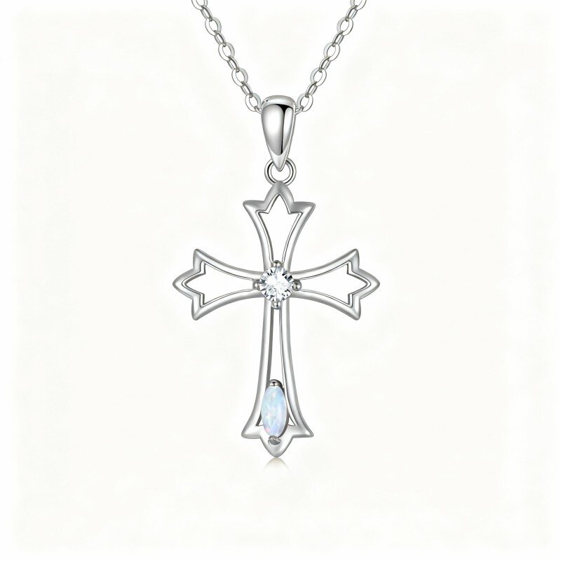 Colar com pendente de cruz em ouro branco 10K com zircónias cúbicas e opala-3