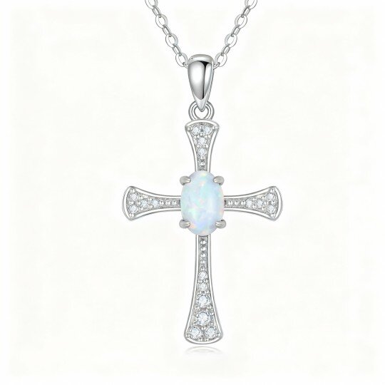 Kreuzanhänger-Halskette aus 10-karätigem Weißgold mit Zirkonia und Opal