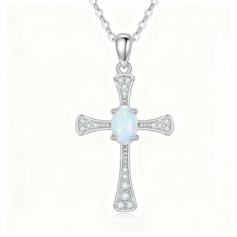 Colar com pendente de cruz em ouro branco 10K com zircónias cúbicas e opala-4