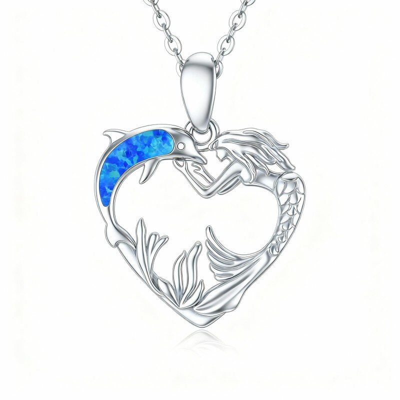 10K White Gold Opal Dolphin & Heart & Mermaid Pendant Necklace-1