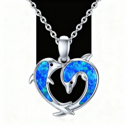 10K White Gold Opal Dolphin & Heart Pendant Necklace