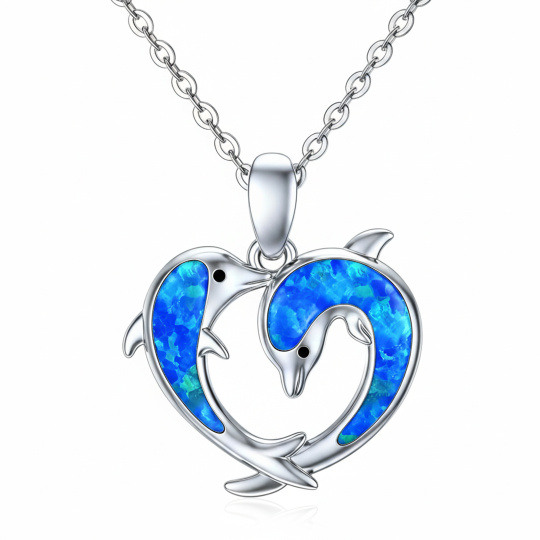 10K White Gold Opal Dolphin & Heart Pendant Necklace