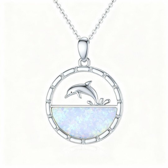 Colar com pendente golfinho em ouro branco 10K com opala