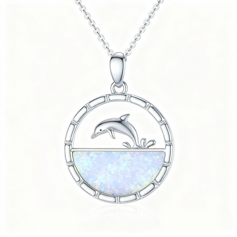 Colar com pendente golfinho em ouro branco 10K com opala-19