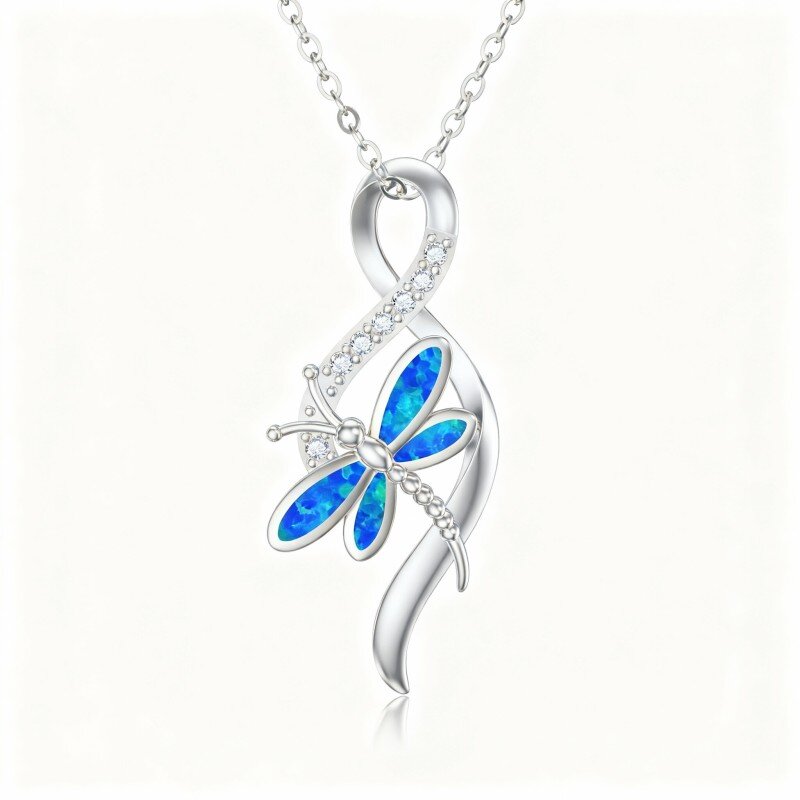 10K White Gold Cubic Zirconia & Opal Dragonfly & Infinity Symbol Pendant Necklace-13