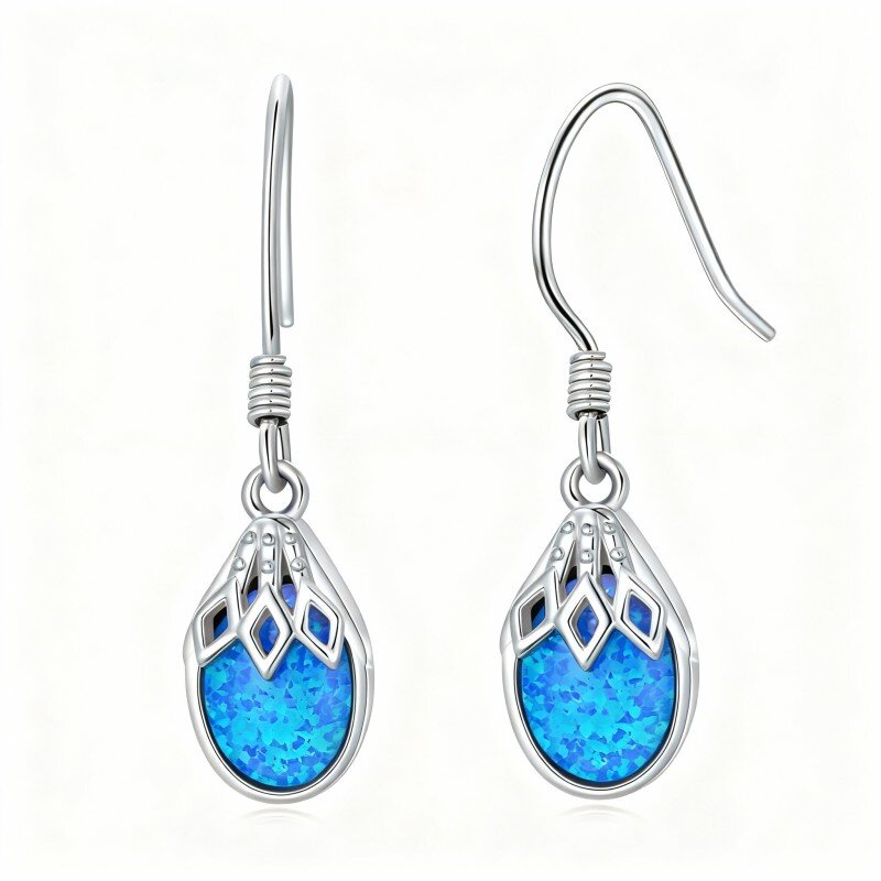 10K White Gold Opal Drop Shape Drop Earrings-8