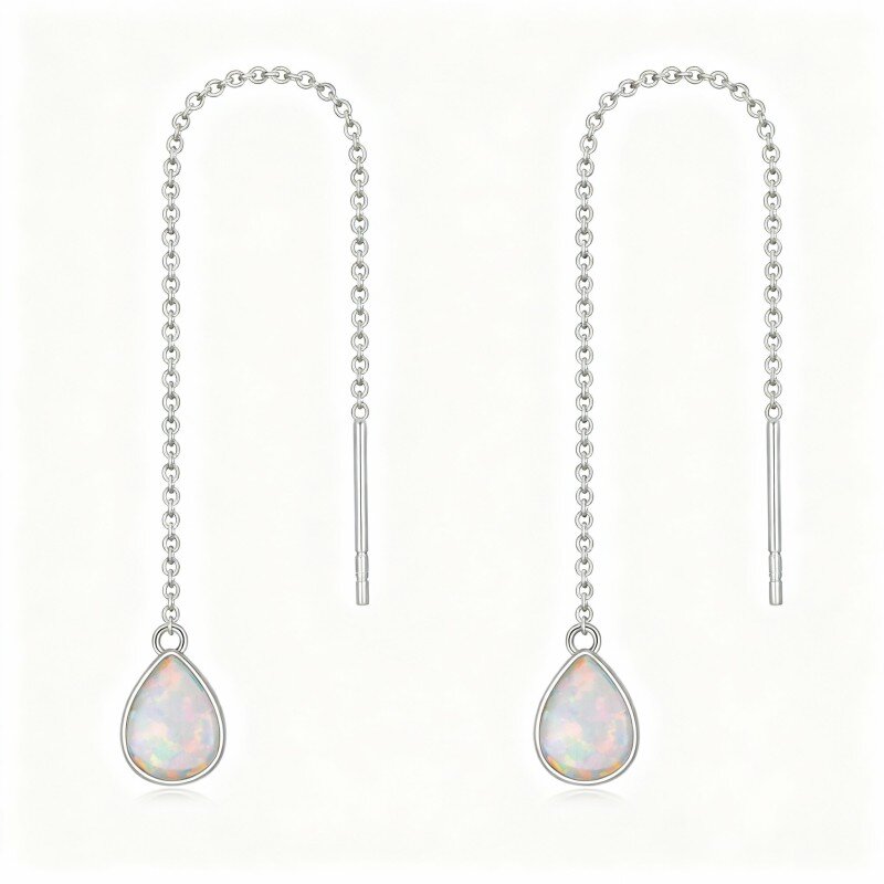 10K White Gold Opal Drop Shape Drop Earrings-6
