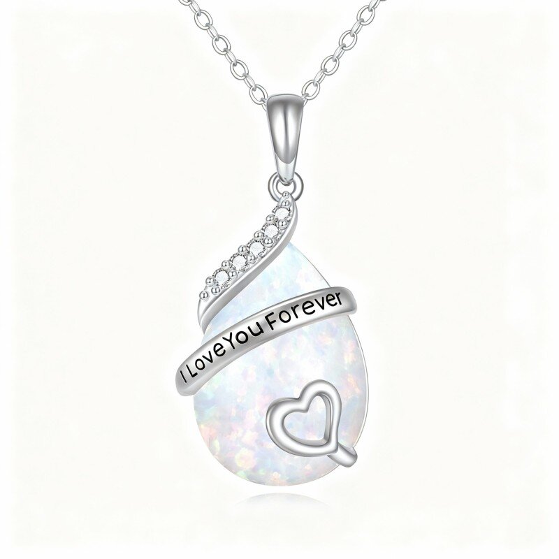 10K White Gold Cubic Zirconia & Opal Drop Shape & Heart Pendant Necklace with Engraved Word-11