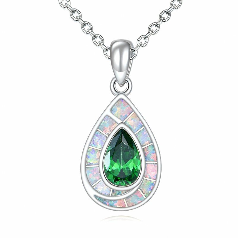 18K White Gold Cubic Zirconia & Opal Drop Shape Pendant Necklace-1