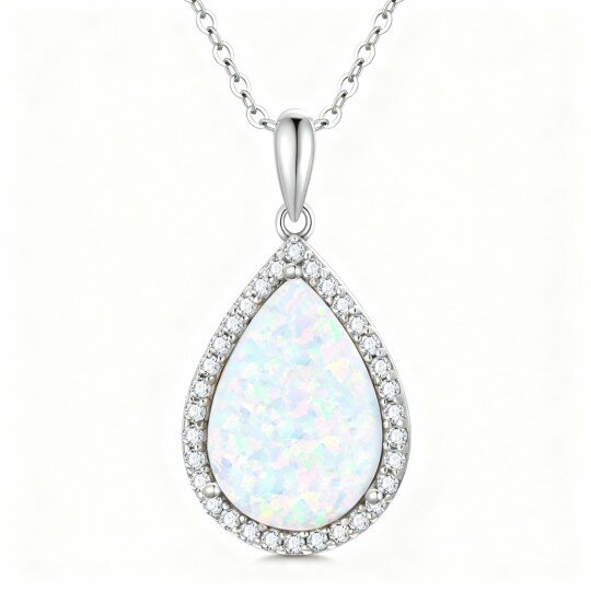 Colar com pendente em forma de gota em ouro branco 10K com zircónias cúbicas e opala