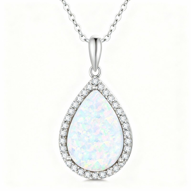 Colar com pendente em forma de gota em ouro branco 10K com zircónias cúbicas e opala-2