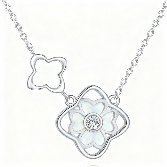 Colar com pendente de trevo de quatro folhas em ouro branco de 10 quilates com zircónias cúbicas e opala