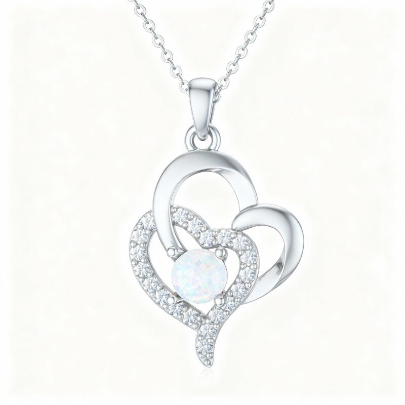 10K White Gold Opal Heart Pendant Necklace-9