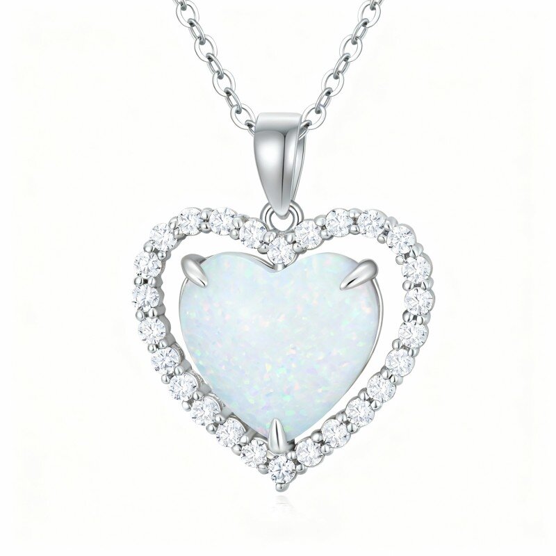 10K White Gold Cubic Zirconia & Opal Heart Pendant Necklace-12