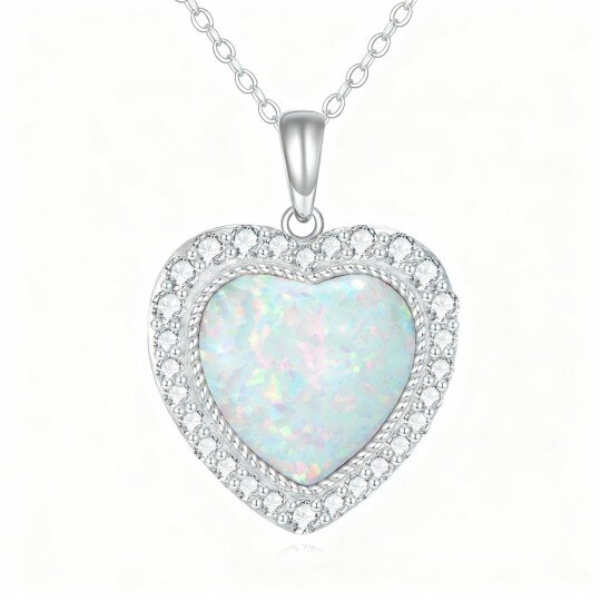 Colar com pendente coração em ouro branco 14K com zircónias cúbicas e opala