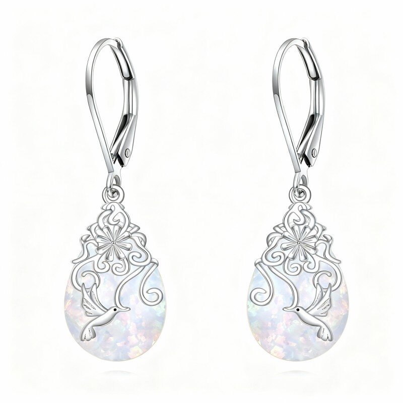 10K White Gold Opal Hummingbird Lever-back Earrings-14