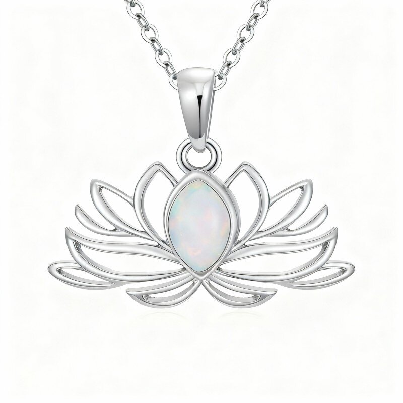 Colar com pendente de lótus em ouro branco 10K com opala-20