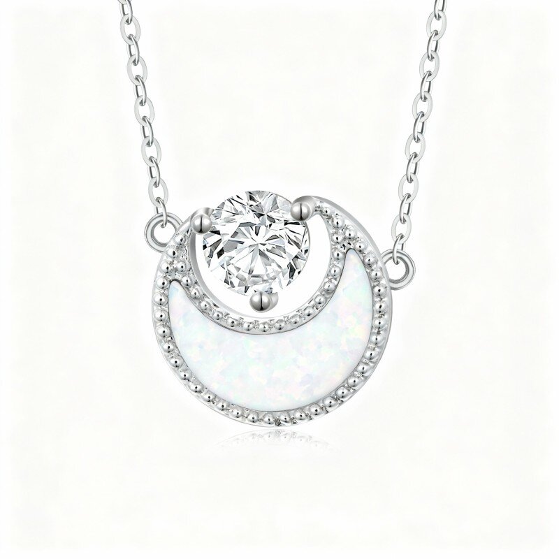 Colar com pendente de lua em ouro branco 10K com opala e zircónias cúbicas-5