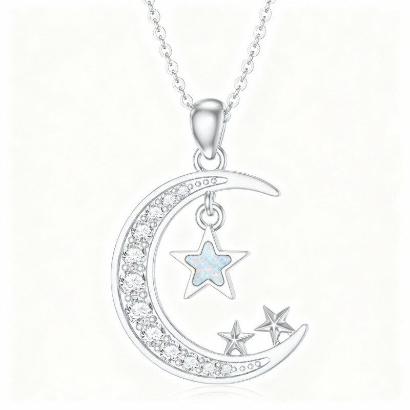 Collar con colgante de luna y estrella en oro blanco de 10 quilates con circonitas cúbicas y ópalo-1