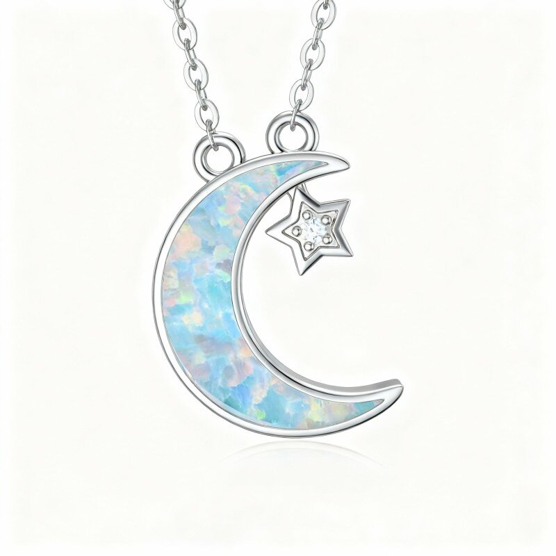 Colar com pendente de lua e estrela em ouro branco 10K com zircónias cúbicas e opala-6