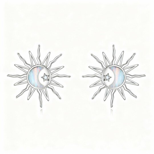 Kolczyki z białego złota 10K z cyrkoniami sześciennymi i opalem w kształcie księżyca i słońca