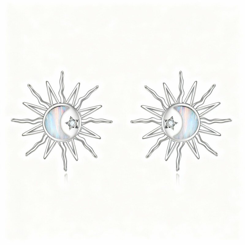 Brincos lua e sol em ouro branco 10K com zircónias cúbicas e opalas.-2