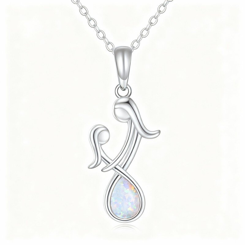 Colar com pendente de mãe e filha em ouro branco 10K com opala-18