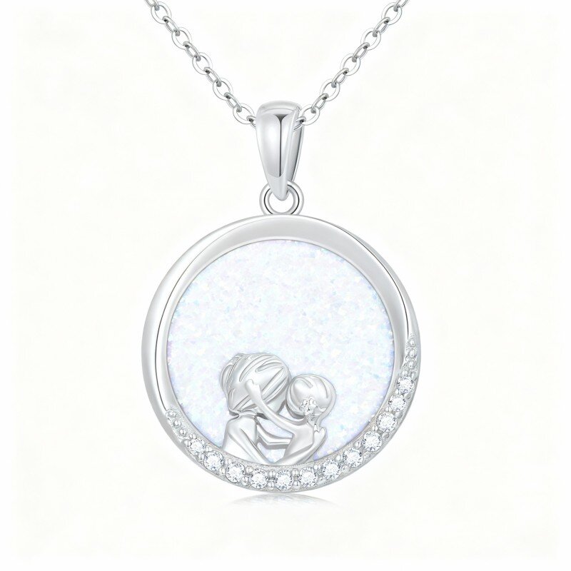 10K White Gold Cubic Zirconia & Opal Mother & Daughter & Round Pendant Necklace-7