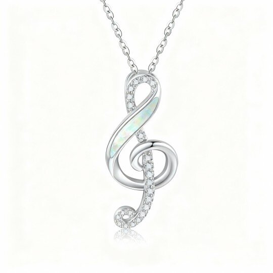 10K White Gold Cubic Zirconia & Opal Music Symbol Pendant Necklace
