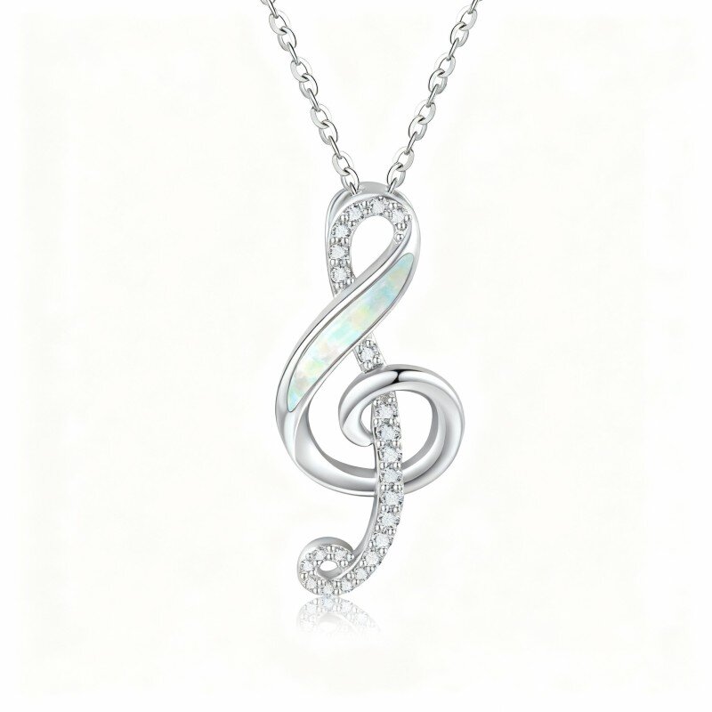 Colar com pendente de símbolo musical em ouro branco de 10 quilates com zircónia cúbica e opala-20
