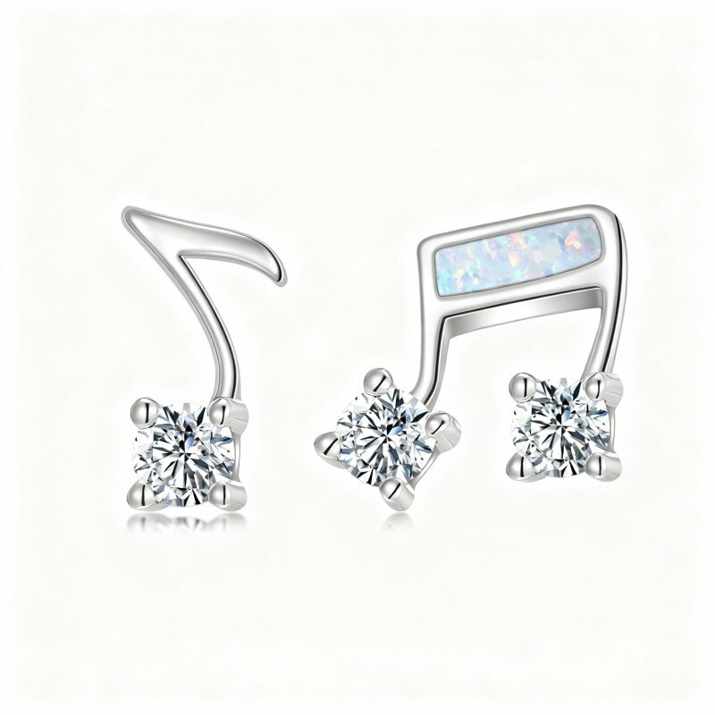 10K White Gold Cubic Zirconia & Opal Music Symbol Stud Earrings-19