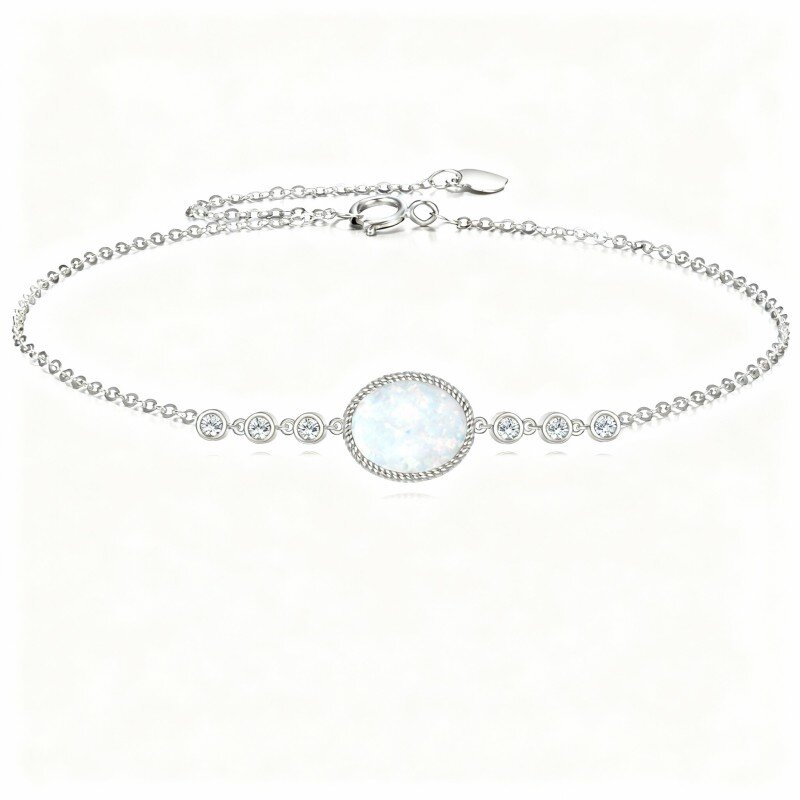 10K White Gold Cubic Zirconia & Opal Oval Shaped Charm Bracelet-10