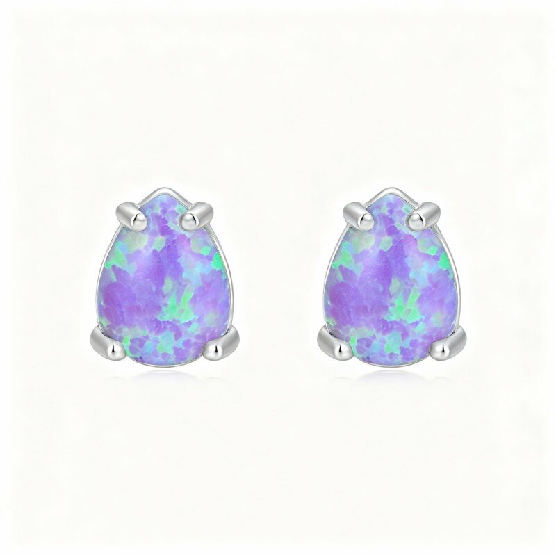 10K White Gold Opal Oval Shaped Stud Earrings-1