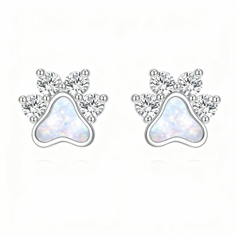Pendientes de platino con circonitas cúbicas y ópalo con forma de pata, chapados en oro blanco-1