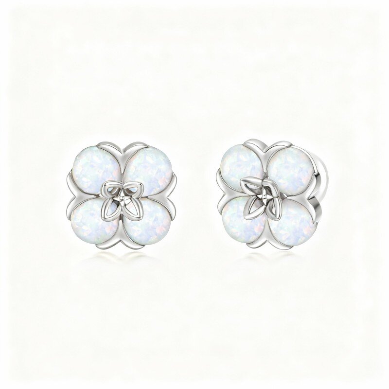 Brincos em ouro branco 10K com opala e formato de flor de pêssego.-18